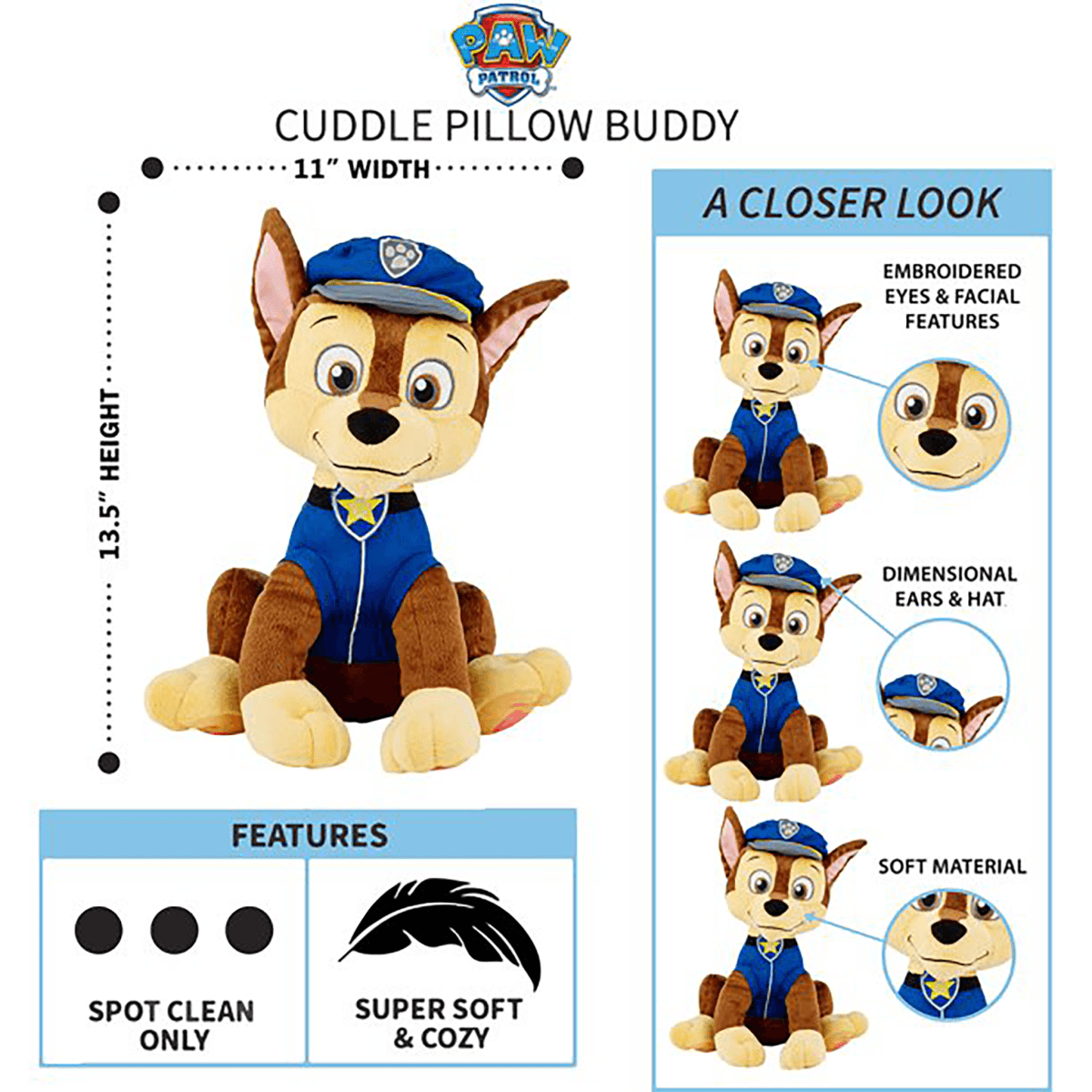 PAW Patrol Pillow Buddy - Chase - Childrens Bedding, Kids Bedding, Morning Bird Bed & Bath