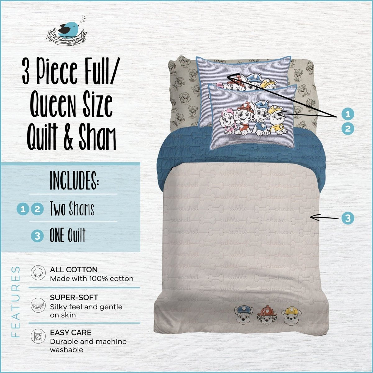 PAW Patrol™ Quilt & 2 Shams - Full/Queen - Childrens Bedding, Kids Bedding, Morning Bird Bed & Bath