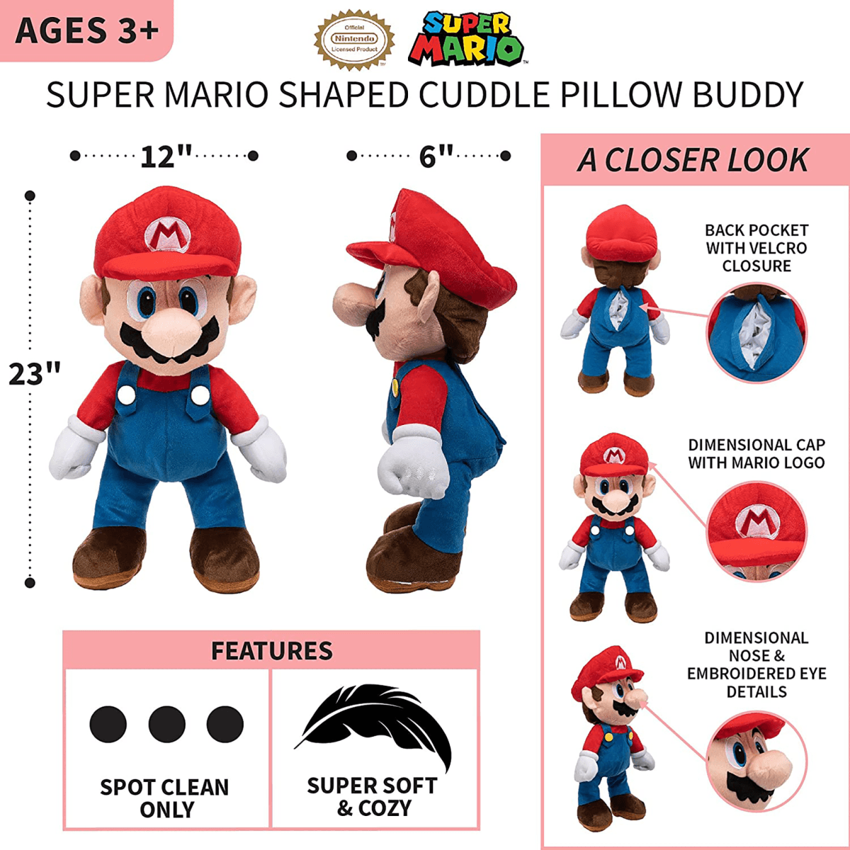 Super Mario Pillow Buddy - Mario - Childrens Bedding, Kids Bedding, Morning Bird Bed & Bath