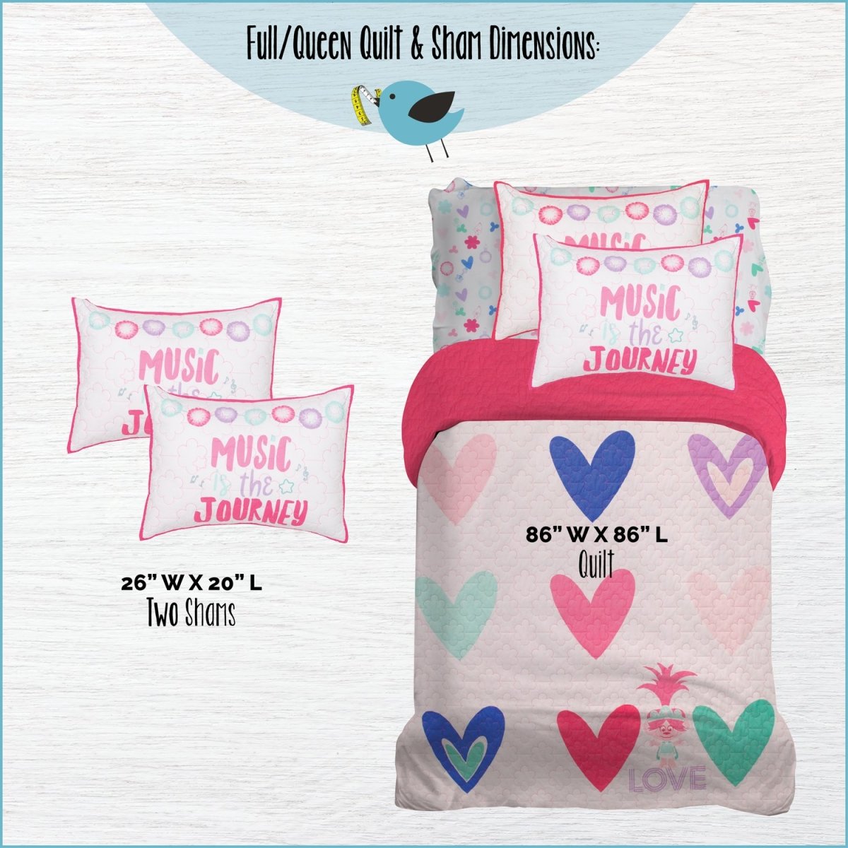 Trolls™ Quilt & 2 Shams - Full/Queen - Childrens Bedding, Kids Bedding, Morning Bird Bed & Bath