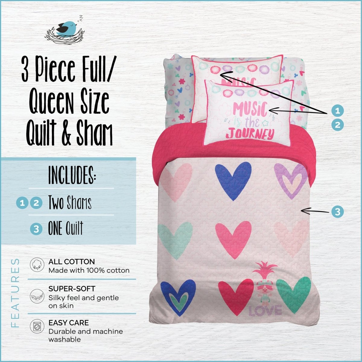 Trolls™ Quilt & 2 Shams - Full/Queen - Childrens Bedding, Kids Bedding, Morning Bird Bed & Bath
